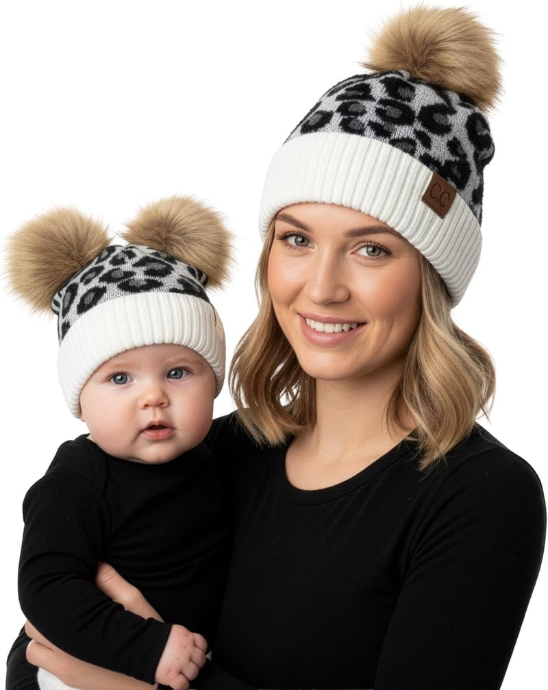 Funky Junque Mommy & Me Double Pom Beanies – Mama & Mini Matching Winter Outfits, Mom & Infant Baby Girl Beanie Hat Set - Image 1